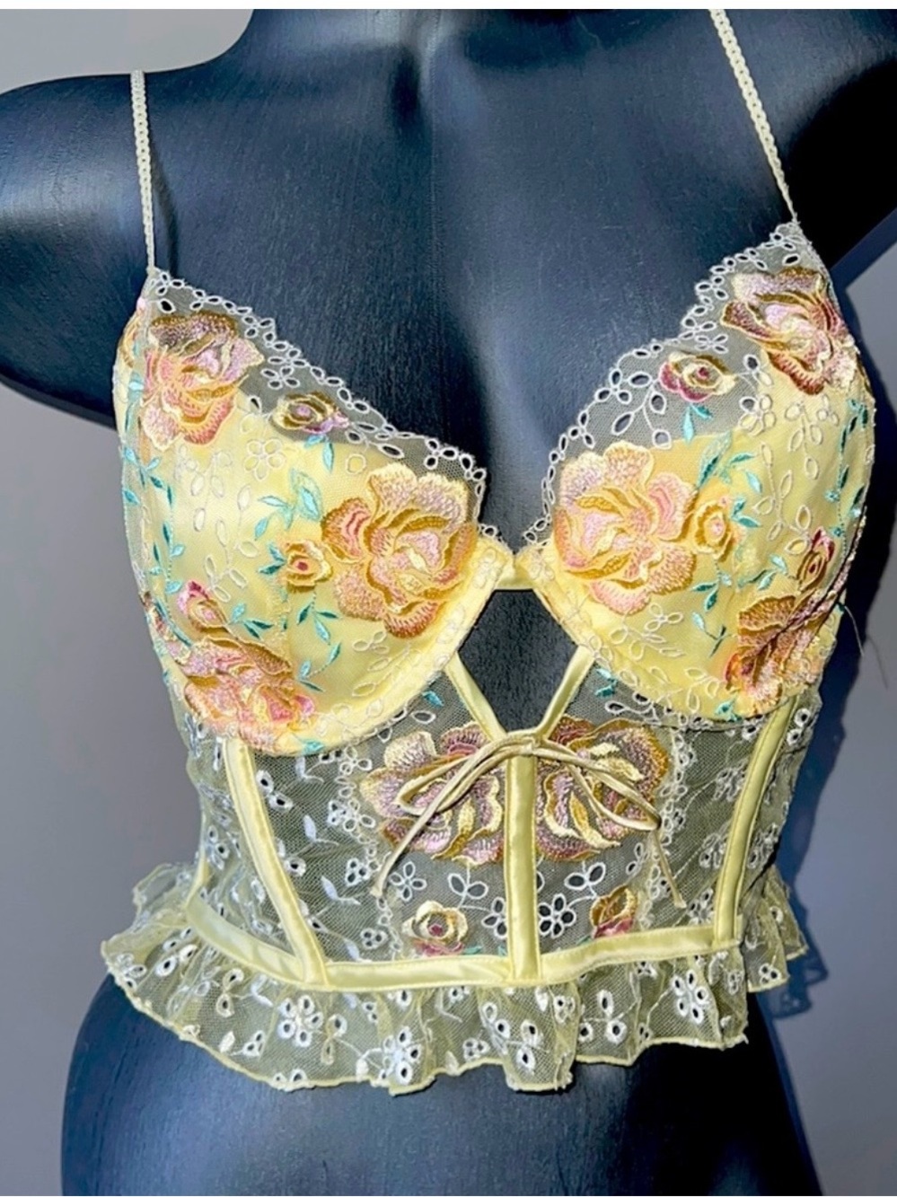 For Love & Lemons Floral Embroidered Yellow Lace Bustier Top